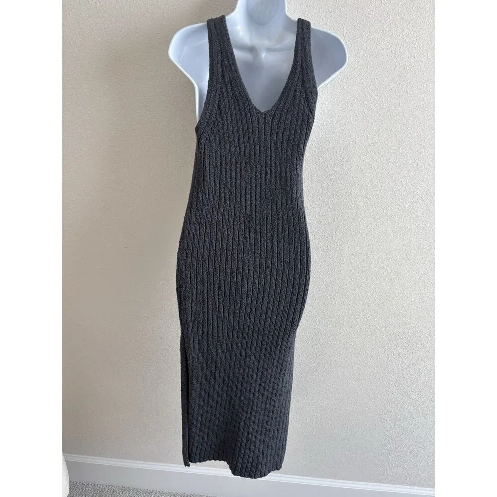 FREE PEOPLE Emmy Ribbed V-Neck Sweater Dress Cotton‎ Small Petite GRAPHITE Slits